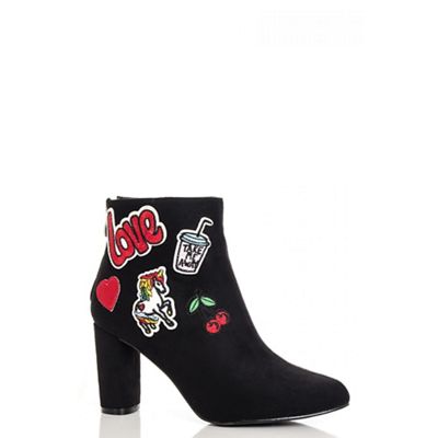Black faux suede patchwork embroidered ankle boots